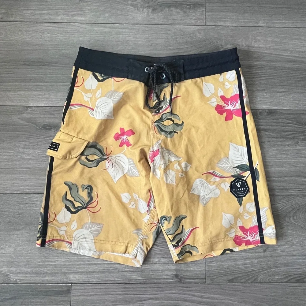 Vissla Mens Board Shorts Size 28 Yellow Floral Upcycled Coconut Poly M115MMOO